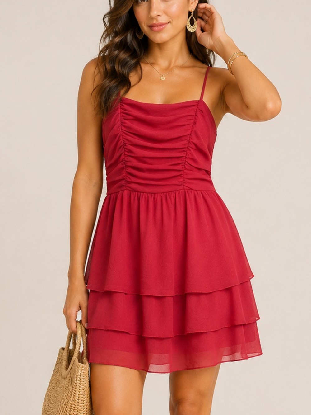 Emerald Sundae Red Ruched Tiered Mini Dress